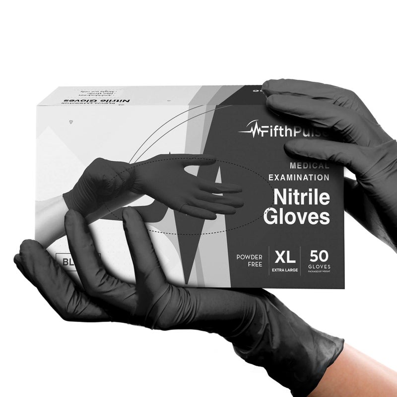 FifthPulse قفازات سوداء disposable خالية من اللاتكس حجم كبير، 50 قطعة - قفازات جراحية من الدرجة الطبية وطب الأسنان - قفازات نيتريل خالية من البودرة حجم كبير - سمك 3 مل - Image 1