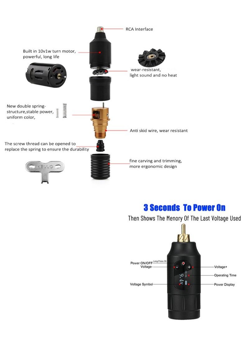 HaLunhi - Wireless Rotating Tattoo Pen Kit, Wireless Power RCA Display Portable Rechargeable, 10 Cartridges Needle 10 Color Pigment 30ml Tattoo Transfer Gel 30ml Pigment Diluent,Professional Tattoo Kit - Image 1