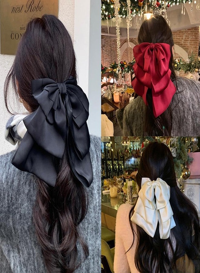 Aswewamt 3 Pcs Large Satin Silk Bow Hair Claw Clips Ribbon Chiffon Bowknot Hair Clips French Style with Long Tail Ponytail Hair Decorations Accessories for Women - Image 3