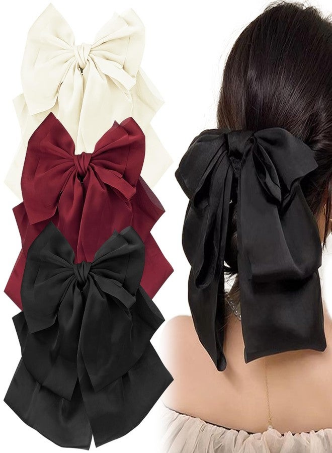 Aswewamt 3 Pcs Large Satin Silk Bow Hair Claw Clips Ribbon Chiffon Bowknot Hair Clips French Style with Long Tail Ponytail Hair Decorations Accessories for Women - Image 1