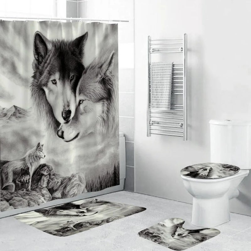 Y&D 4 Piece 3D Printing Theme Shower Curtain and Bath Mat Set Wolf Couple Waterproof Non-Slip Bathroom Curtain and Rug Set - Image 2