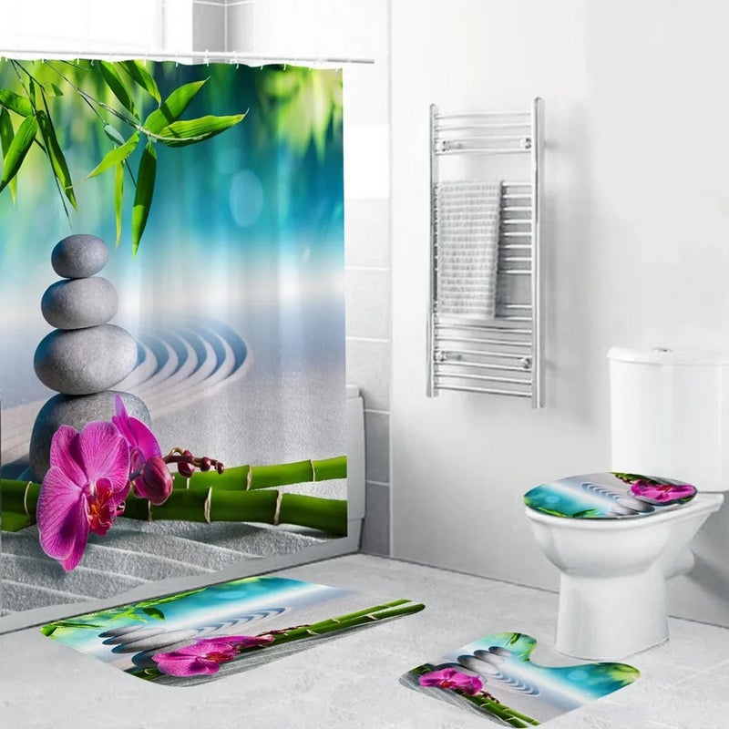 Y&D 4 Piece 3D Printing Theme Shower Curtain and Bath Mat Set Wolf Couple Waterproof Non-Slip Bathroom Curtain and Rug Set - Image 5