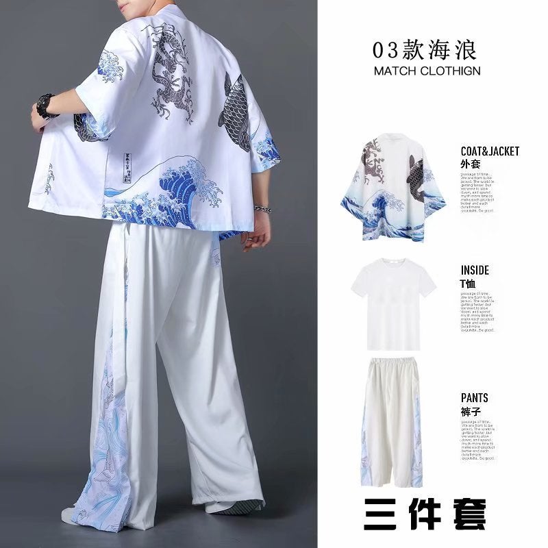Hanfu Three-Piece Set Summer Chinese Style Robe For Men And Women Couple'S Fairy Style Loose Straight-Leg Wide-Leg Pants Set Class Clothes - Image 1