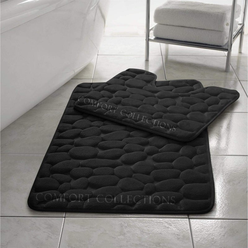Comfort Collections Memory Foam Pebble Bath Mat Set Pedestal Bathroom Rug 2 Piece Soft Absorbent Non Slip Black Bath Mat 50CM X 80 CM  Pedestal Mat 50CM X 40 CM Approximate