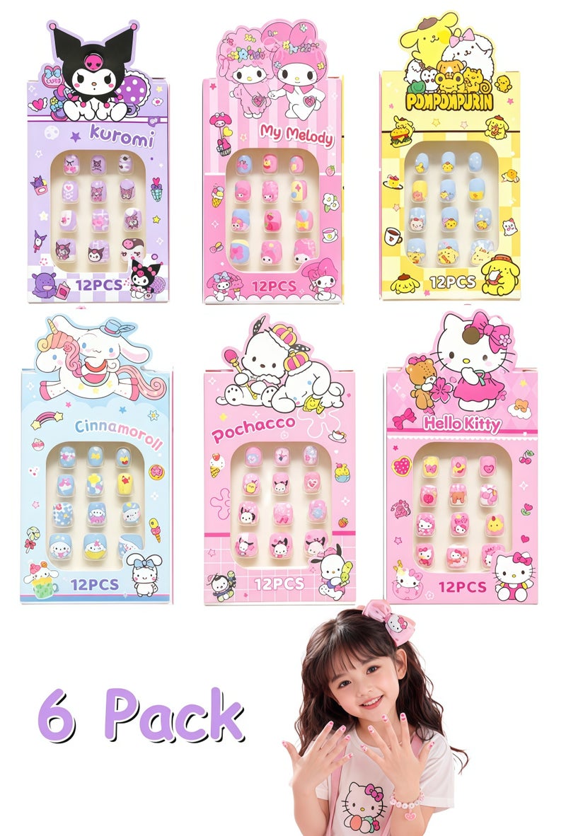 Sanrio Press-On Nails for Girls - Kuromi, Hello Kitty, My Melody, Cinnamoroll, Pochacco, Pompompurin - 6 Pack - Image 1