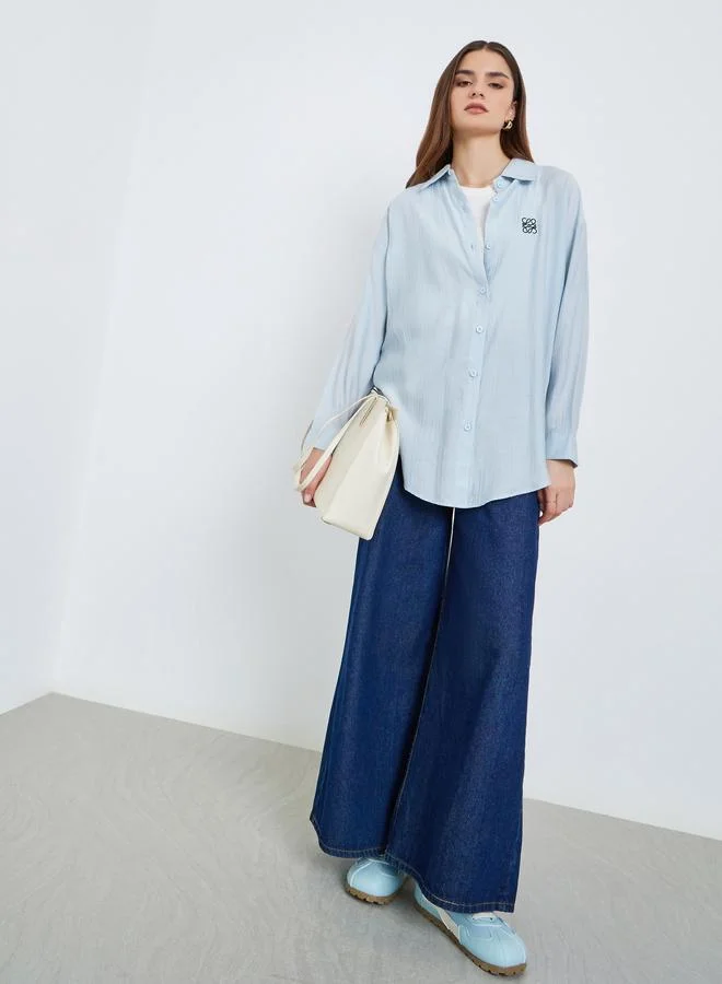 Styli Women Light Blue Oversized Shirt with Embroidered Detail