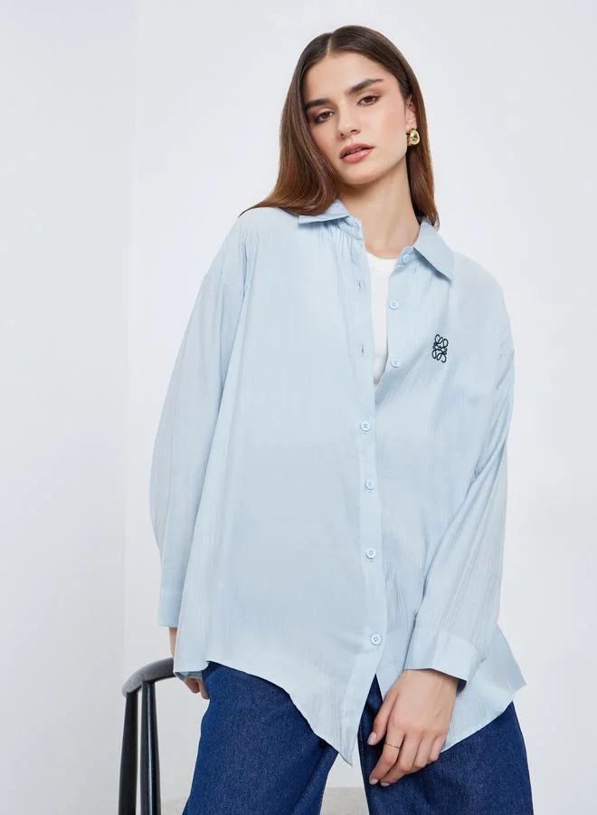 Styli Women Light Blue Oversized Shirt with Embroidered Detail