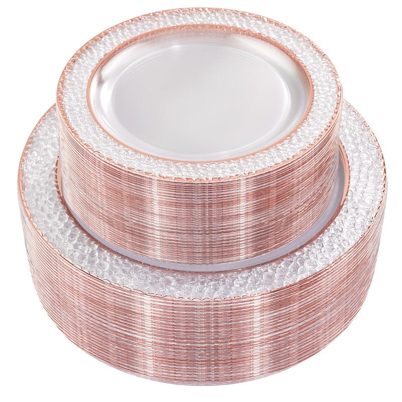 Joyido 102PCS Rose Gold Plastic Plates  Clear Rose Gold Disposable Plates Include 51PCS 75inch Dessert Plate 51PCS 1025inch Dinner Plate Perfect for Weddings Parties