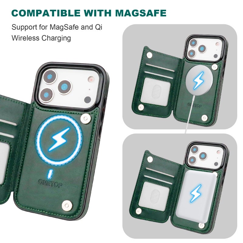 OT ONETOP ONETOP Compatible with Magsafe for iPhone 17 Pro Wallet Case with Card Holder, PU Leather Kickstand RFID Blocking Case, Double Magnetic Clasp and Durable Shockproof Cover 6.3 Inch (Green) - Image 5