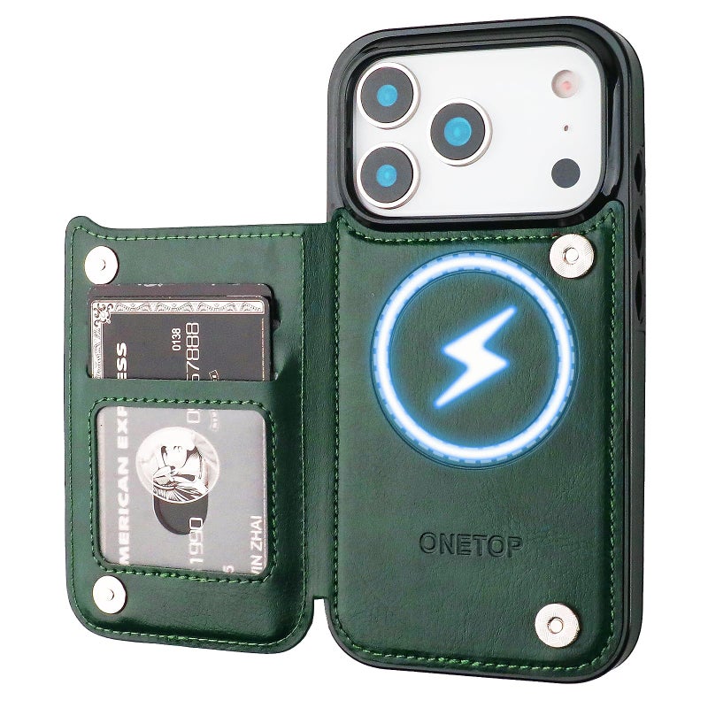 OT ONETOP ONETOP Compatible with Magsafe for iPhone 17 Pro Wallet Case with Card Holder, PU Leather Kickstand RFID Blocking Case, Double Magnetic Clasp and Durable Shockproof Cover 6.3 Inch (Green) - Image 1