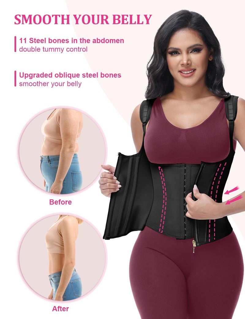 SHAPSHE waist trainer for women working out waist cincher vest for tummy control wrap waist shapewear body shaper with straps Black - Image 3