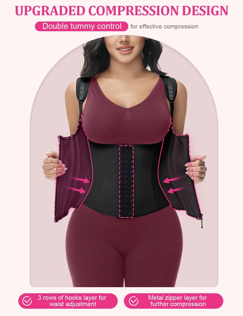 SHAPSHE waist trainer for women working out waist cincher vest for tummy control wrap waist shapewear body shaper with straps Black - Image 2