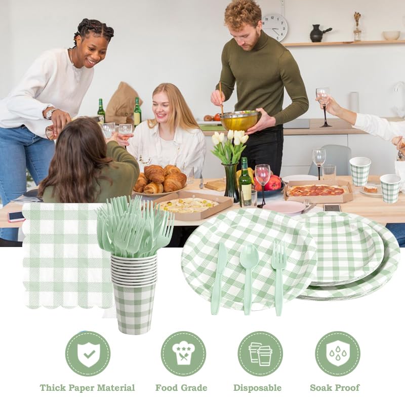 BHHQHH 168Pcs Gingham Party Supplies for 24 Guests Thick Paper Plates and Napkins Knives Spoons Forks Cups Disposable Party Set Cutlery for Dinner Baby Shower Wedding Favor(Sage Green) - Image 4