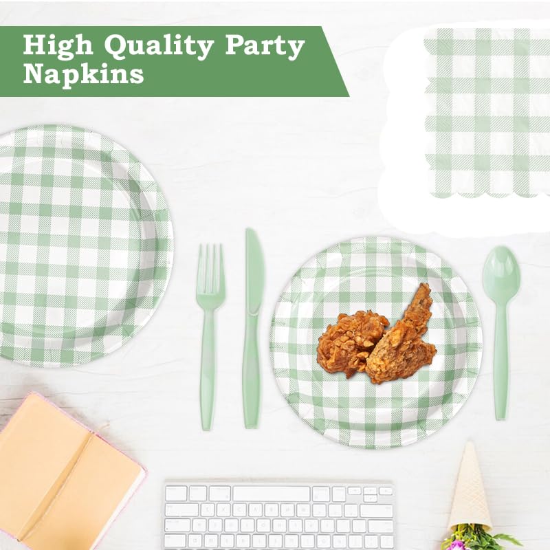 BHHQHH 168Pcs Gingham Party Supplies for 24 Guests Thick Paper Plates and Napkins Knives Spoons Forks Cups Disposable Party Set Cutlery for Dinner Baby Shower Wedding Favor(Sage Green) - Image 3