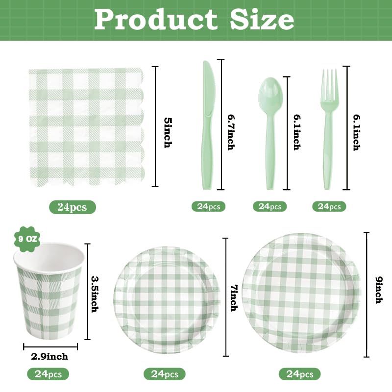BHHQHH 168Pcs Gingham Party Supplies for 24 Guests Thick Paper Plates and Napkins Knives Spoons Forks Cups Disposable Party Set Cutlery for Dinner Baby Shower Wedding Favor(Sage Green) - Image 2