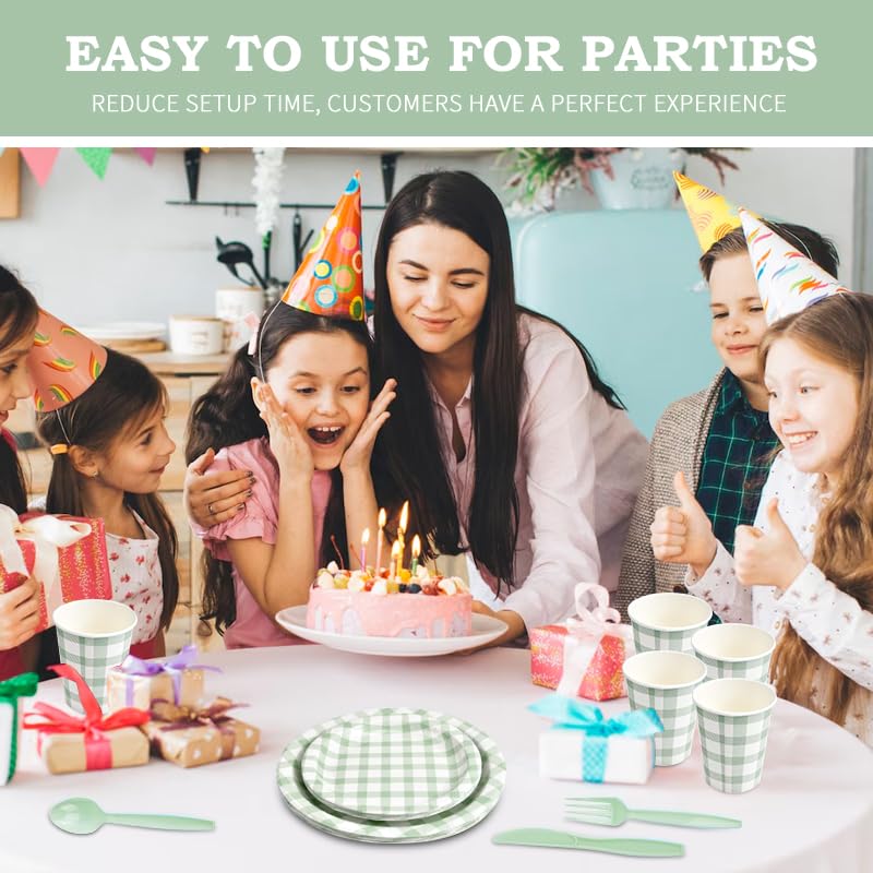 BHHQHH 168Pcs Gingham Party Supplies for 24 Guests Thick Paper Plates and Napkins Knives Spoons Forks Cups Disposable Party Set Cutlery for Dinner Baby Shower Wedding Favor(Sage Green) - Image 5