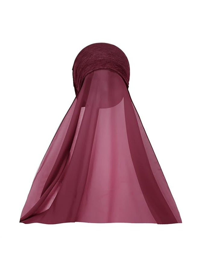Chiffon Instant Hijab for Women Muslim Under Scarf Tube Cap with Veil Fashion Islam Solid Color Headscarf Turban Wrap-Wine red - Image 5