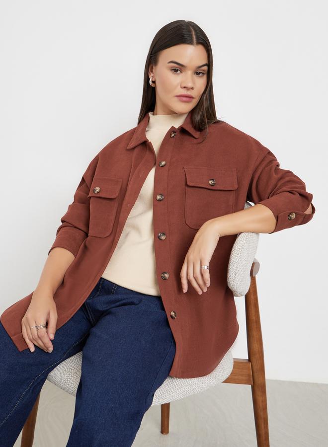 ستايلي قميص بني بياقة وأزرار أمامية - Image 1
