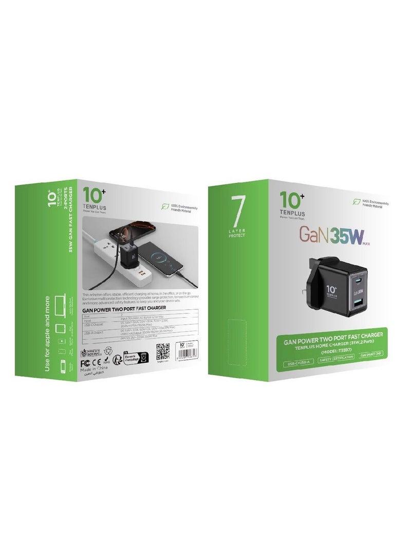 تنبلس شاحن منزلي سريع بمنفذين USB-PD بقدرة 35 وات يوفر شحنًا سريعًا وآمنًا باللون الأسود - Image 3