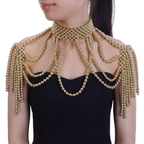 Jerollin Simulated Pearl Body Statement Necklace for Women, Fashion Collar Bib Necklaces Costume Jewelry Gold - Image 5