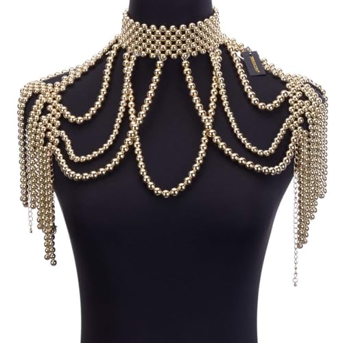 Jerollin Simulated Pearl Body Statement Necklace for Women, Fashion Collar Bib Necklaces Costume Jewelry Gold - Image 4