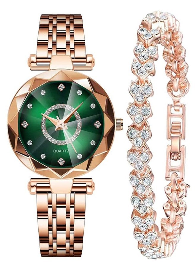 Reginald Women Watches with Bracelet Rose Gold for Lady Elegant Stainless Steel Strap Fashion Analog Creative Diamond Dial Wrist Watch, Green 2 - Image 1
