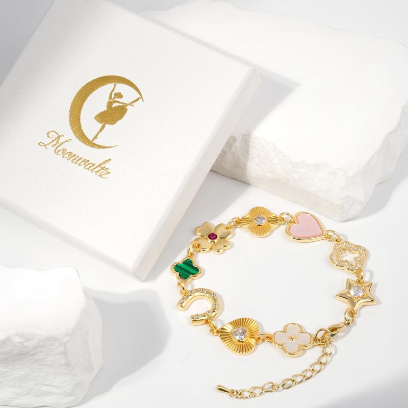 MOONWALTZ Gold Clover Charm Bracelet Western Jewelry For Women Dainty Hand Chain 14K Gold Plated Link Bracelets Lucky Horseshoe Heart Star Four Leaf Clover Bracelets For Women - Image 2