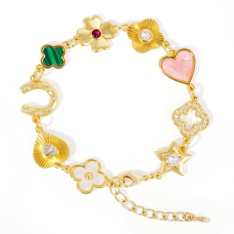 MOONWALTZ Gold Clover Charm Bracelet Western Jewelry For Women Dainty Hand Chain 14K Gold Plated Link Bracelets Lucky Horseshoe Heart Star Four Leaf Clover Bracelets For Women - Image 1