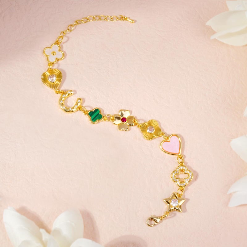 MOONWALTZ Gold Clover Charm Bracelet Western Jewelry For Women Dainty Hand Chain 14K Gold Plated Link Bracelets Lucky Horseshoe Heart Star Four Leaf Clover Bracelets For Women - Image 5