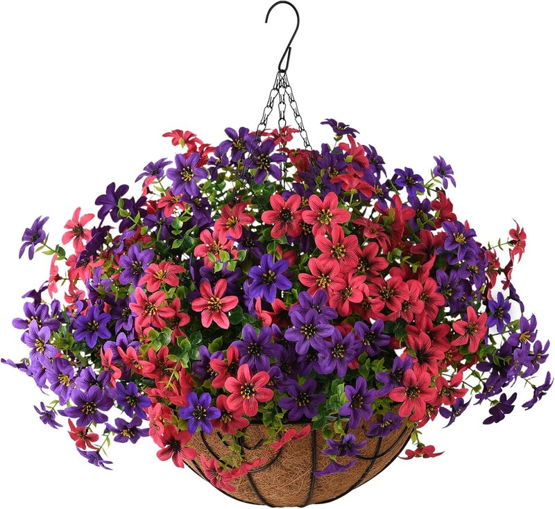 ZFProcess 1.77 inch Large Flowers Artificial Faux Hanging Plants Flowers Basket for Summer Outdoor Decoration, Fake Silk UV Sun Resistant Look Real Daisy Eucalyptus for Porch Home Patio Balcony Yard - Image 1