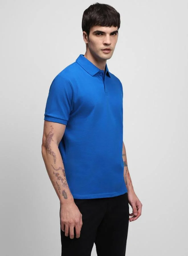 دينيس لينغو Blue Solid Regular Fit Polo Collar T-shirt for Men - 100% Cotton, Half Sleeves, Casual