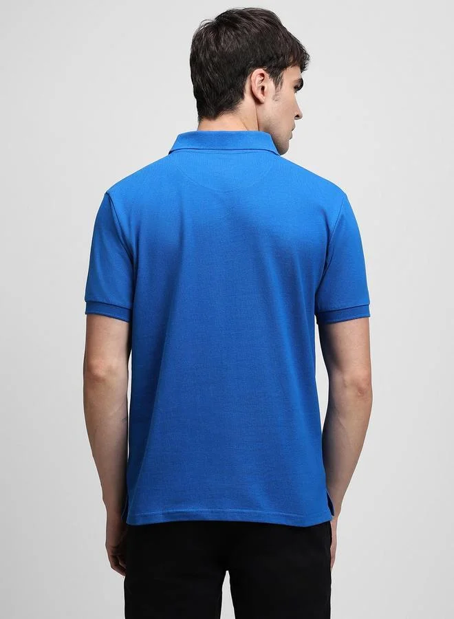 دينيس لينغو Blue Solid Regular Fit Polo Collar T-shirt for Men - 100% Cotton, Half Sleeves, Casual