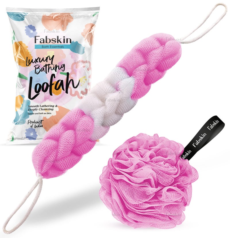 Fabskin Luxury Back Scrubber Loofah Belt Loofah for Bathing for Men and Women Body Bath Combo - Strechable 9 Knots Bath Sponge (Pink Back Scrubber + Loofah) - Image 1