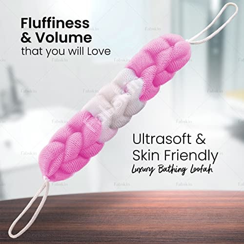 Fabskin Luxury Back Scrubber Loofah Belt Loofah for Bathing for Men and Women Body Bath Combo - Strechable 9 Knots Bath Sponge (Pink Back Scrubber + Loofah) - Image 2