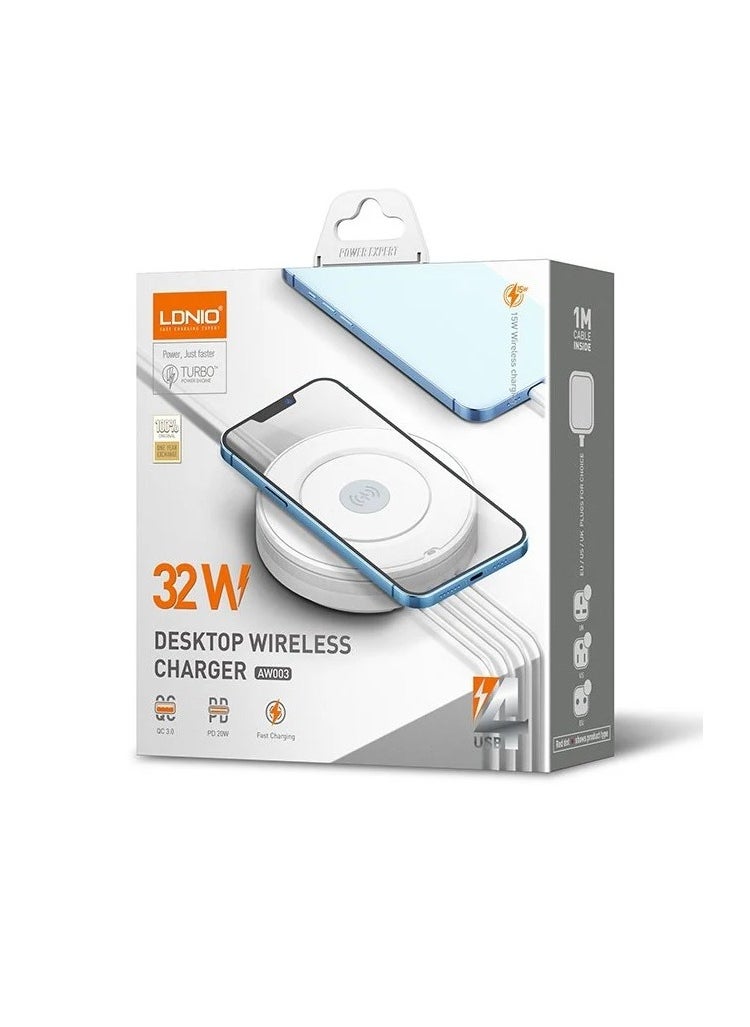 إل دينو - محطة شحن لاسلكية للكمبيوتر المكتبي AW003 5 في 1 مزودة بقدرة 15 وات لاسلكي + PD20W + QC18W + 2 معرف تلقائي 12 وات متوافق مع جميع سلاسل IPHONE 16 /15/14/13/12/11 / XS MAX وجميع أجهزة ANDROID - Image 1