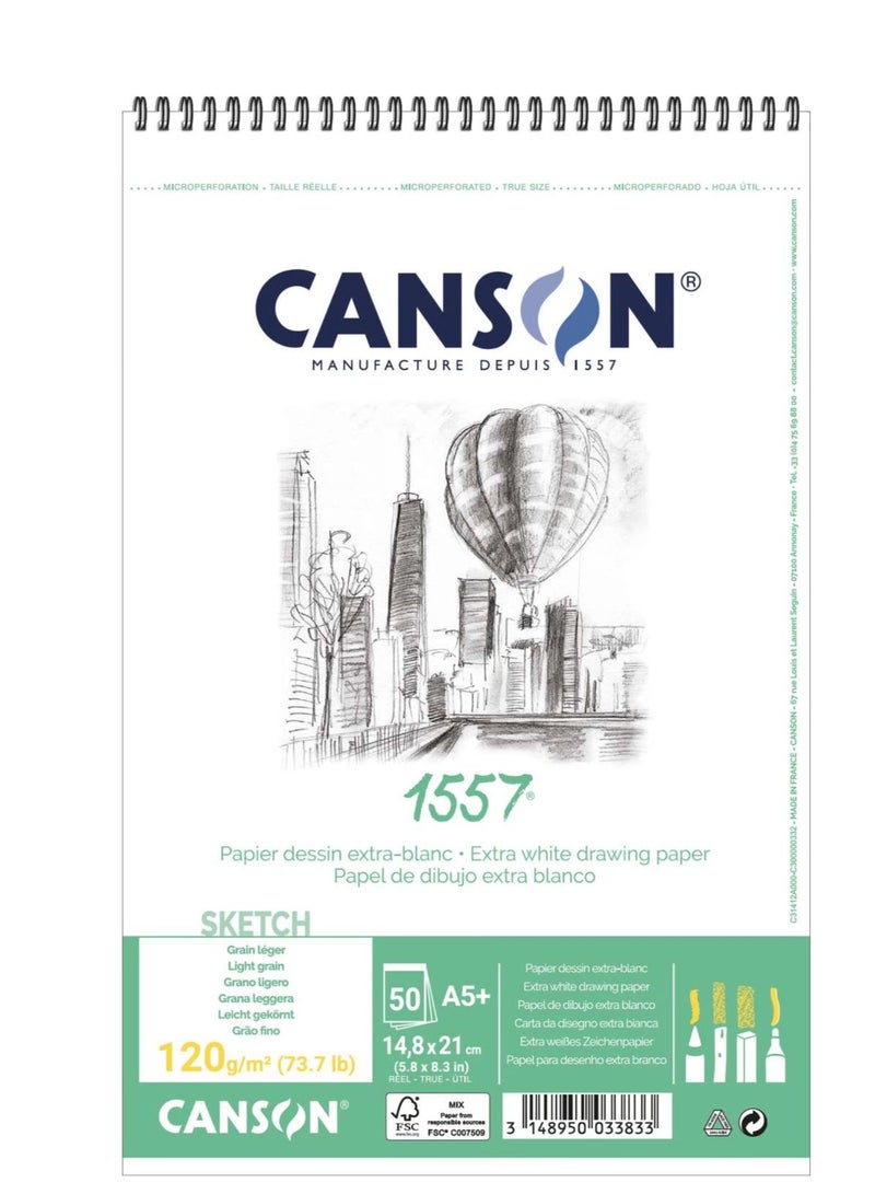 CANSON A5 Size Spiral Sketch Pad With Extra White 50 Sheets 120gsm Thickness - Image 3