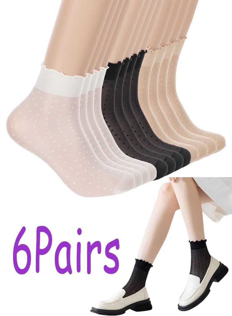 6 Pairs Frilly Lace Ruffle Sheer Socks, Transparent Thin Ankle Socks, Ladies Breathable See Through Socks for Summer Daily Wear - Image 1