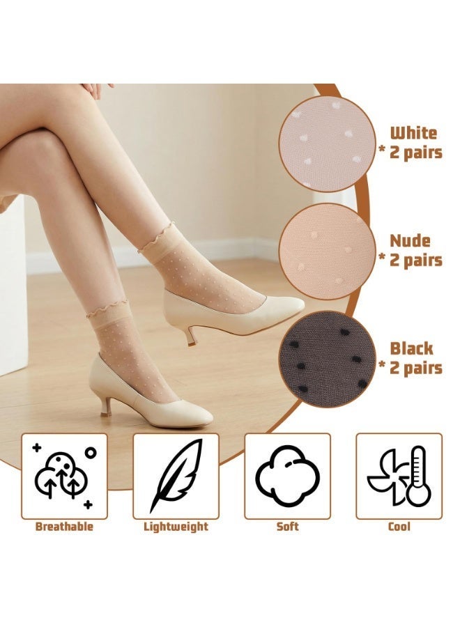 6 Pairs Frilly Lace Ruffle Sheer Socks, Transparent Thin Ankle Socks, Ladies Breathable See Through Socks for Summer Daily Wear - Image 2