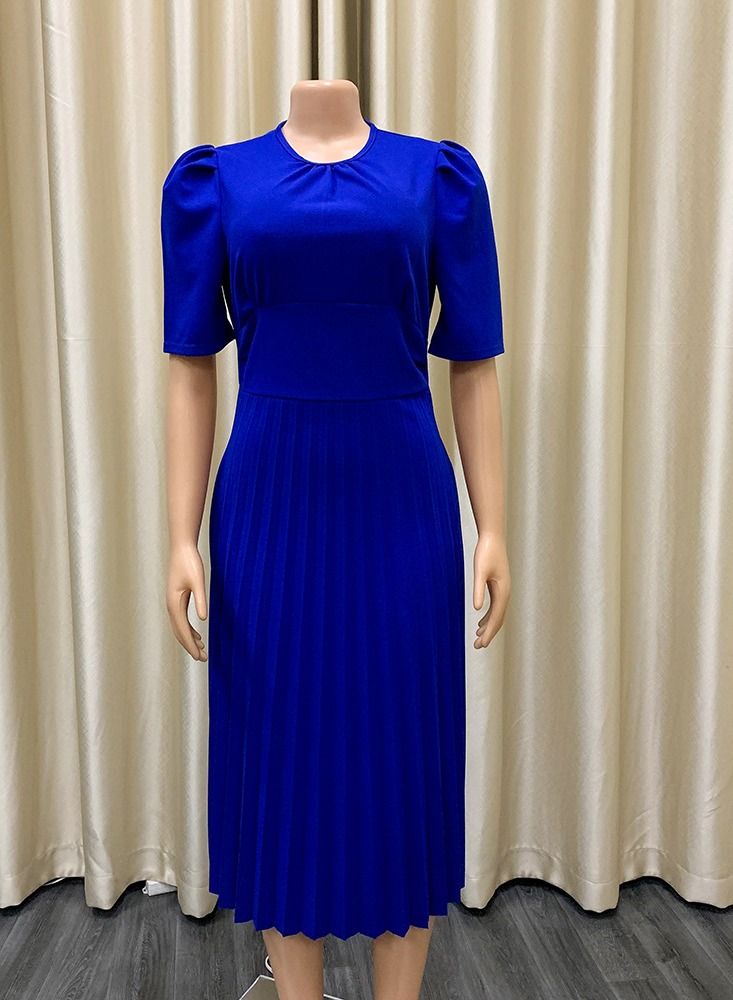Loquat Short Sleeve Pressed Pleated Solid Color Dress Blue  - Image 1
