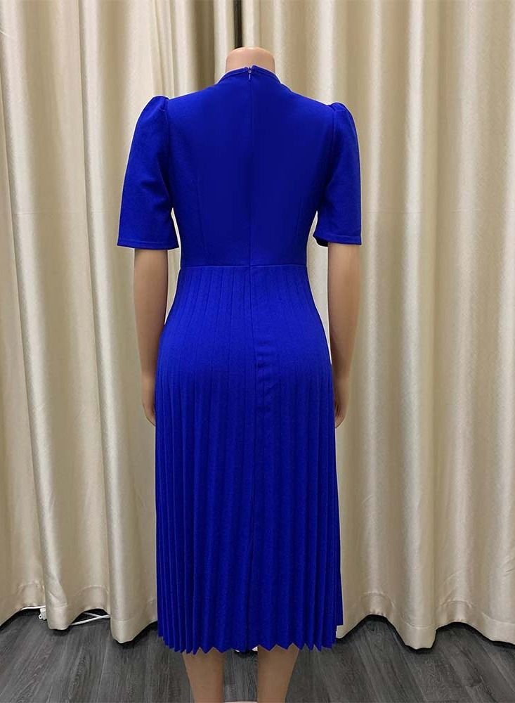 Loquat Short Sleeve Pressed Pleated Solid Color Dress Blue  - Image 2
