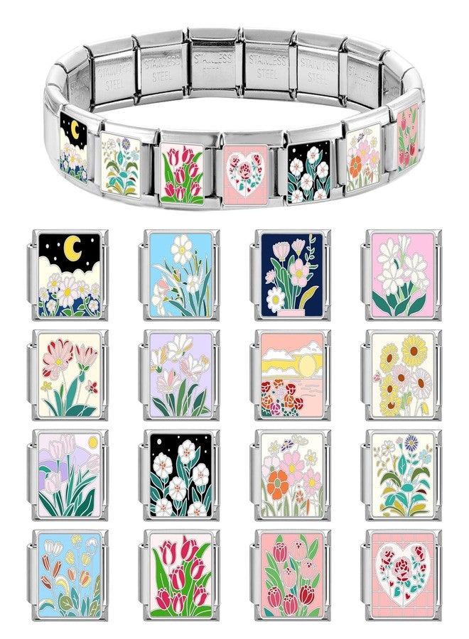papasgix Italian Charm Bracelet Charms Silver Pack Links Bulk with Opening Tool 9mm Italian Charms 10 Flowers Italian Modular Bracelet Links Handmade DIY Jewelry Moon Sun - Image 2