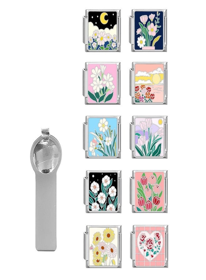 papasgix Italian Charm Bracelet Charms Silver Pack Links Bulk with Opening Tool 9mm Italian Charms 10 Flowers Italian Modular Bracelet Links Handmade DIY Jewelry Moon Sun - Image 1