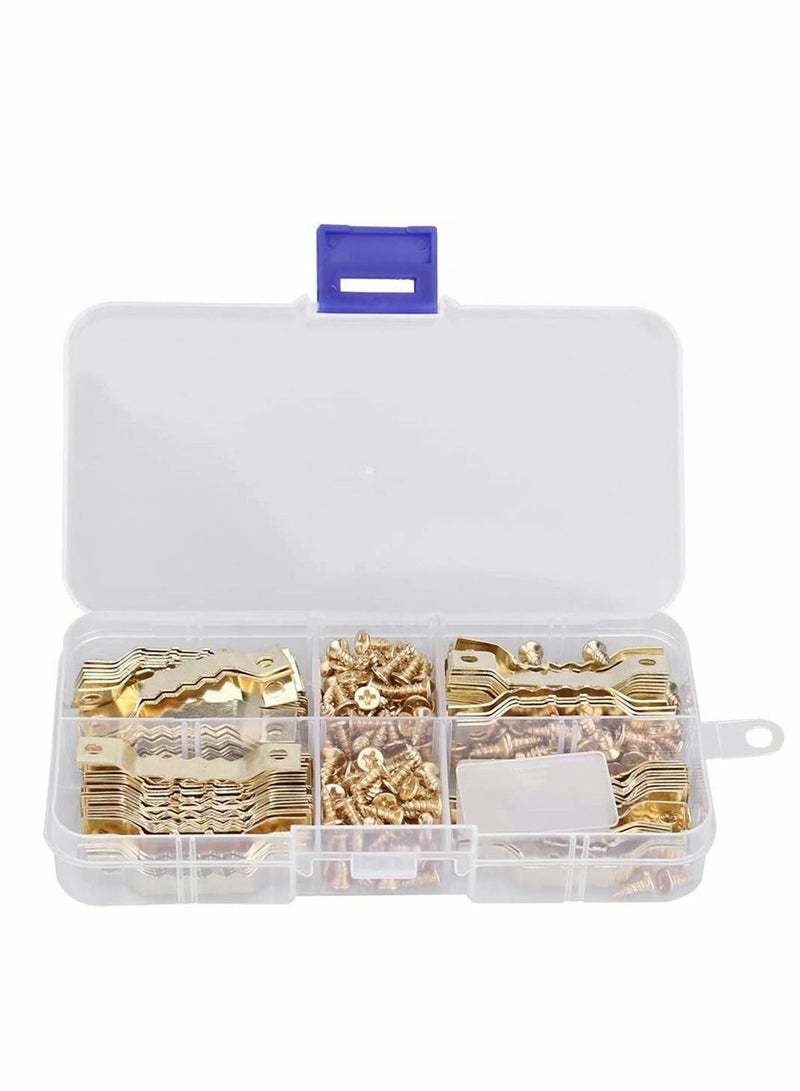 SYOSI Sawtooth Picture Hangers With Screws, 100 Pcs Double Hole Sawtooth Hangers Photo Frame Sawtooth Hanging Hooks Kit Picture Hanging Hardware For Paintings Photos Art, Home Decoration ( Gold ) - Image 1