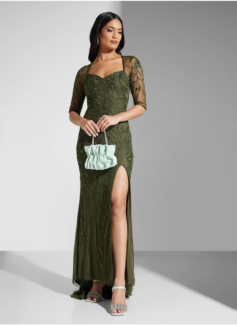 نمشي x Mesh Sleeve Sweetheart Neckline Embroidered Dress