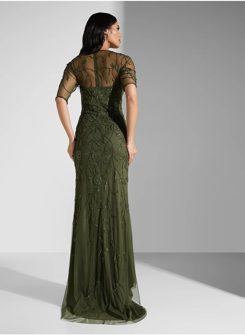 نمشي x Mesh Sleeve Sweetheart Neckline Embroidered Dress