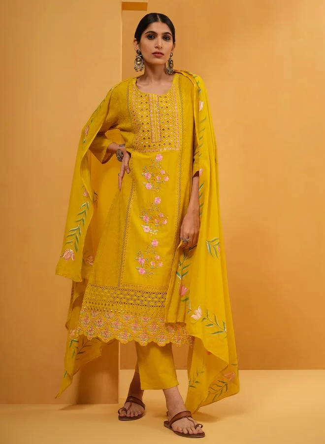 ISHIN Women's Yellow Cotton Embroidered Tunic Upperwear Calf Length Palazzo Bottomwear Straight Fit 3 Peice Kurta Set