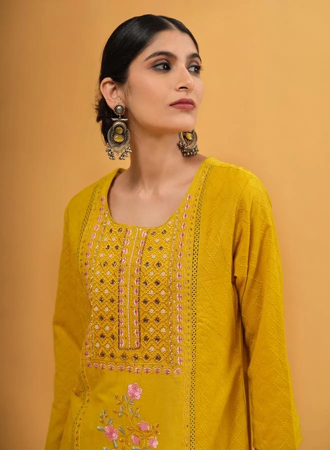 ISHIN Women's Yellow Cotton Embroidered Tunic Upperwear Calf Length Palazzo Bottomwear Straight Fit 3 Peice Kurta Set