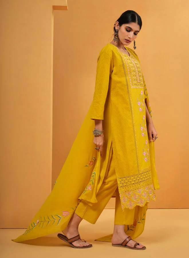 ISHIN Women's Yellow Cotton Embroidered Tunic Upperwear Calf Length Palazzo Bottomwear Straight Fit 3 Peice Kurta Set
