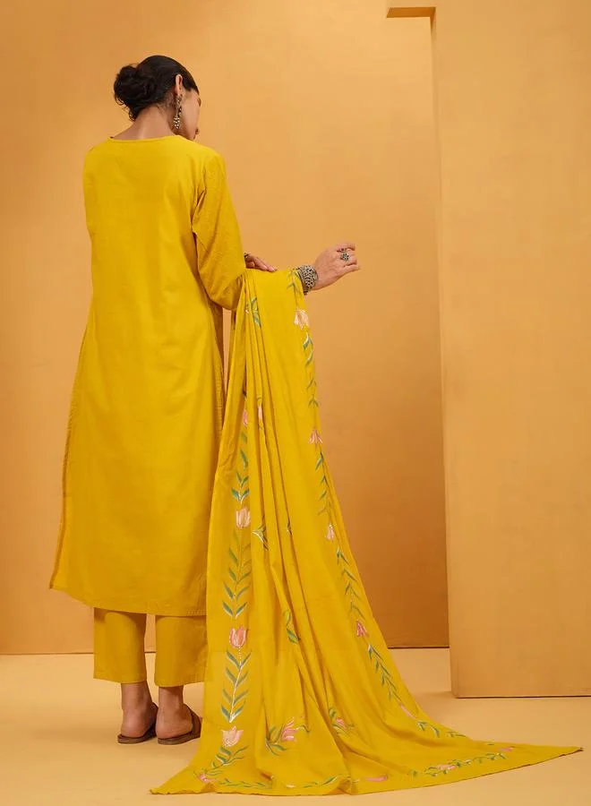 ISHIN Women's Yellow Cotton Embroidered Tunic Upperwear Calf Length Palazzo Bottomwear Straight Fit 3 Peice Kurta Set