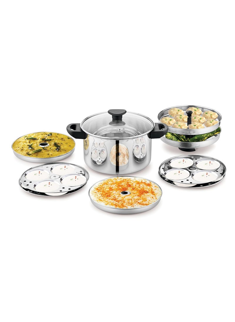 NanoNine - NanoNine 11 pc Multi Cooker | Premium Stainless Steel Idli Cooker | Dhokla Maker | Momo Maker | Glass Lid Steamer | 4 x 4 Idli Plates, 2 Dhokla Plates, 2 Steamer Plates, 4 Liter, Silver - Image 1